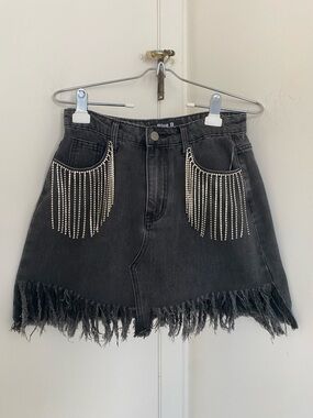 Festival Rock Glam Black Denim Mini Skirt Rhinestone Fringe Pockets Frayed Hem